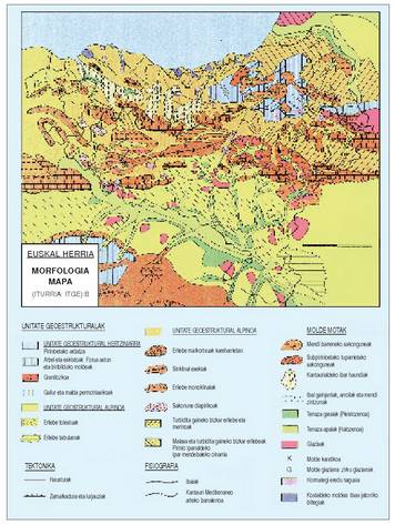 1. Irudia: Euskal Herriko mapa geologikoa. Lurzoru mesozoikoen nagusitasuna agerikoa da eremuaren zati handi batean, zoru paleozoikoak Nafarroako iparraldean eta Ipar Euskal Herriko hegoaldean baizik ez daudela.<br>